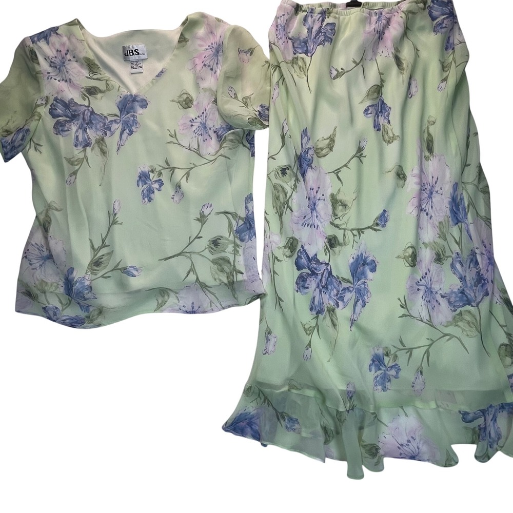 VTG Maxi Skirt 2 Pc Set Women M Floral Fairy Chiffon Lettuce Hem Church Romantic